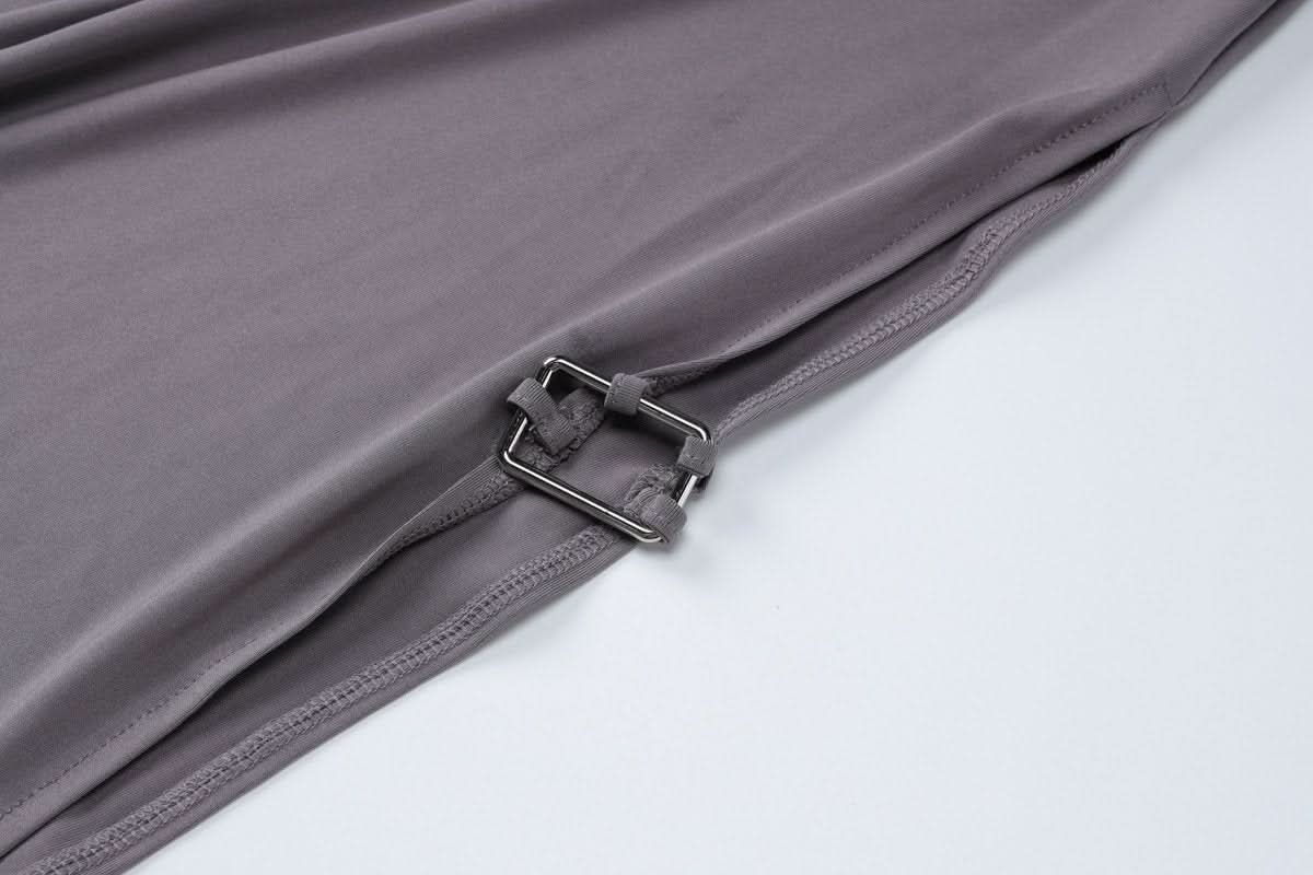 U neck long sleeve slit solid maxi dress