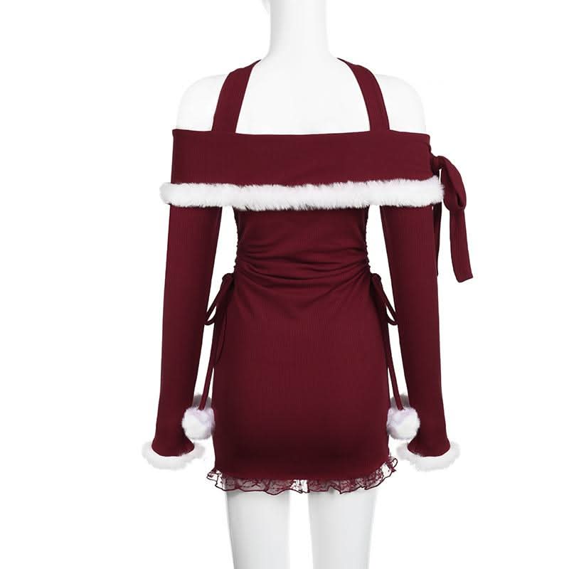 Halter off shoulder long sleeve fluffy self tie mini dress