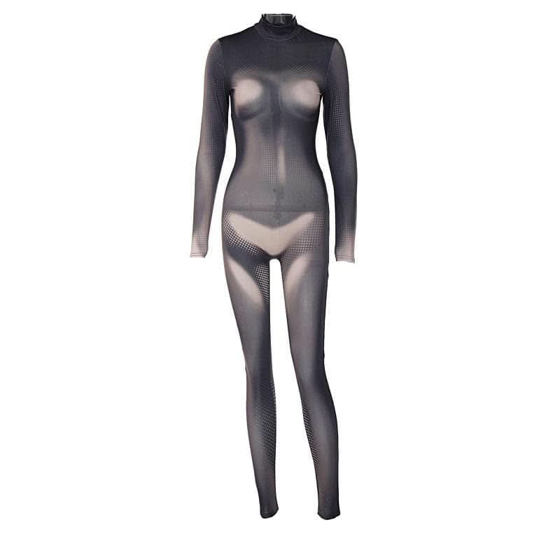 Zip-up long sleeve contrast polka dot thermal print high neck jumpsuit - Final Sale-final-sale