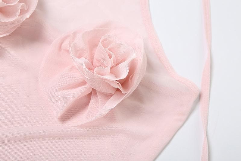 Halter sheer mesh ruffle flower applique mini dress