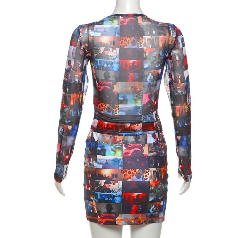 Crewneck long sleeve print stitch mini skirt set