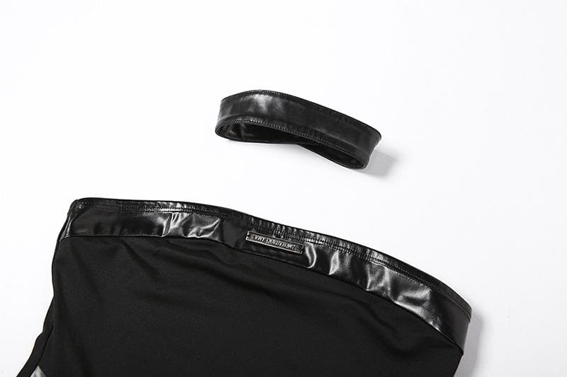 Sleeveless solid PU leather choker bustier tag backless crop top