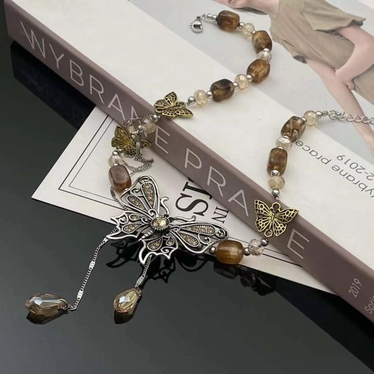 Butterfly pendant beaded crystal necklace