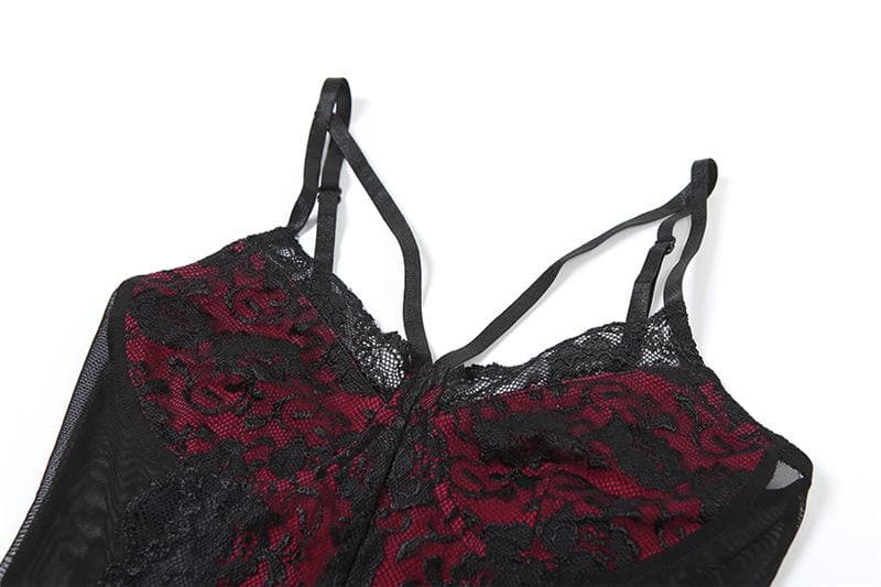 Patchwork v neck lace contrast bodysuit