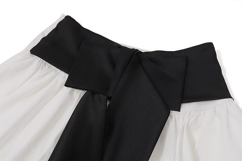 Long sleeve crewneck bowknot lace up ribbon ruched mini skirt set