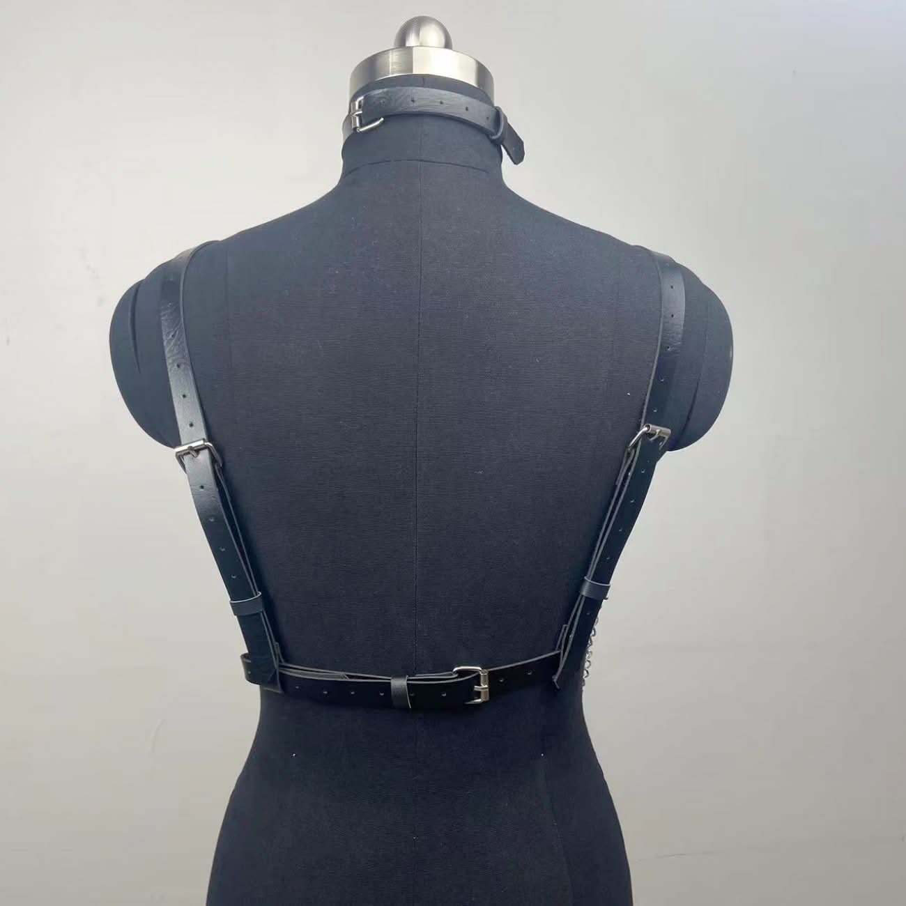 O ring halter PU leather metal chain harness top