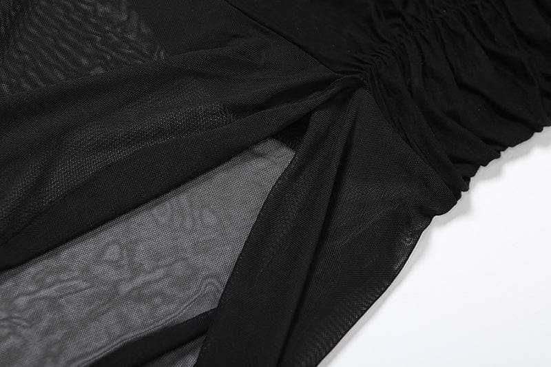 Mesh ruffle ruched slit solid maxi skirt