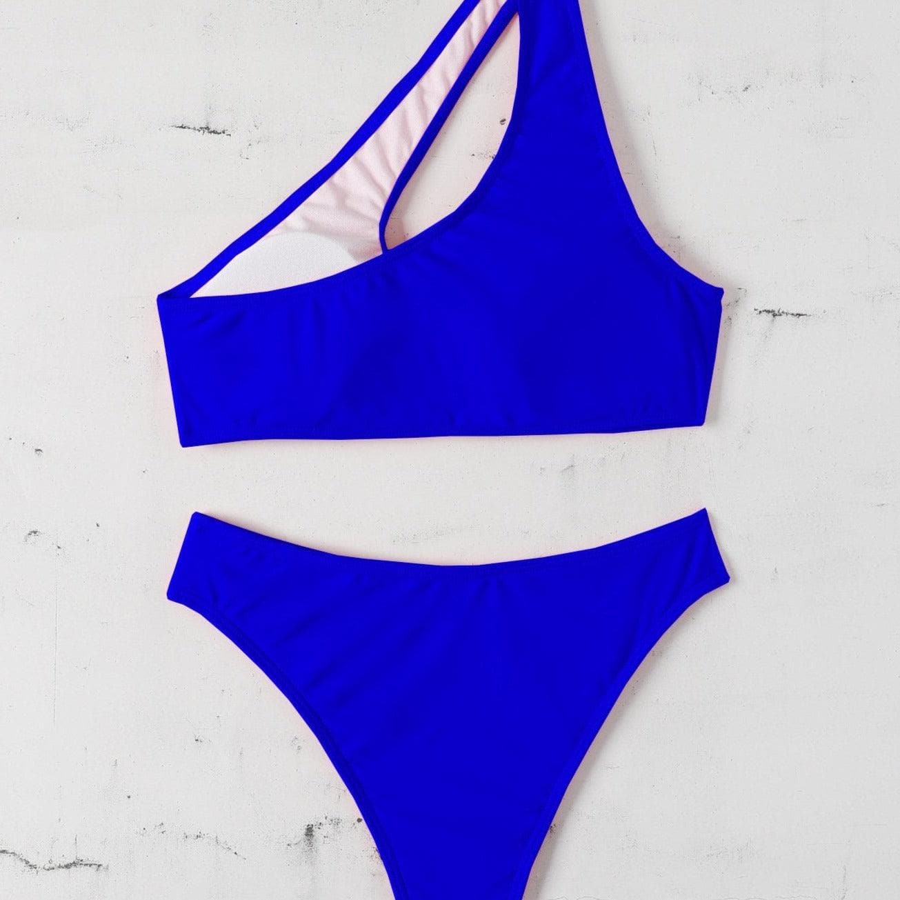 One side hollow out one shoulder solid bikini