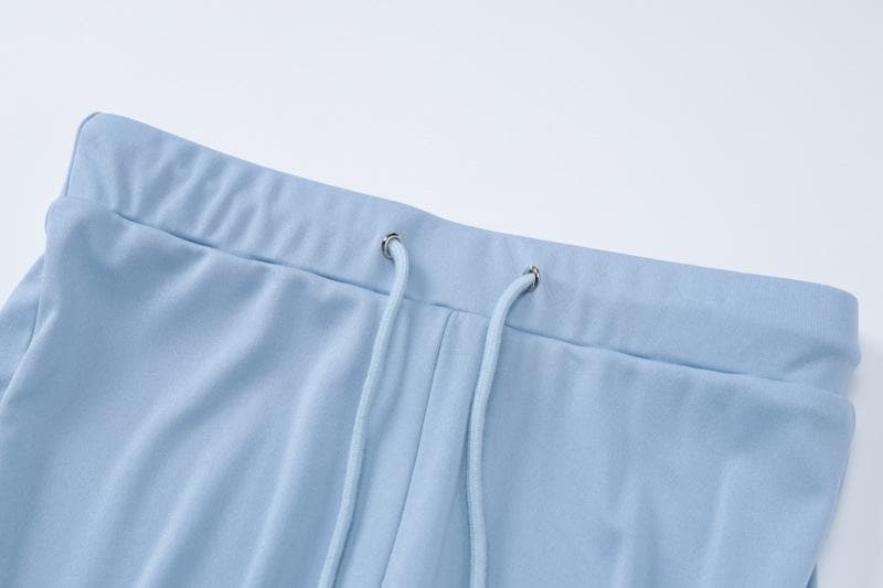 Halter v neck drawstring ruched lace hem pant set