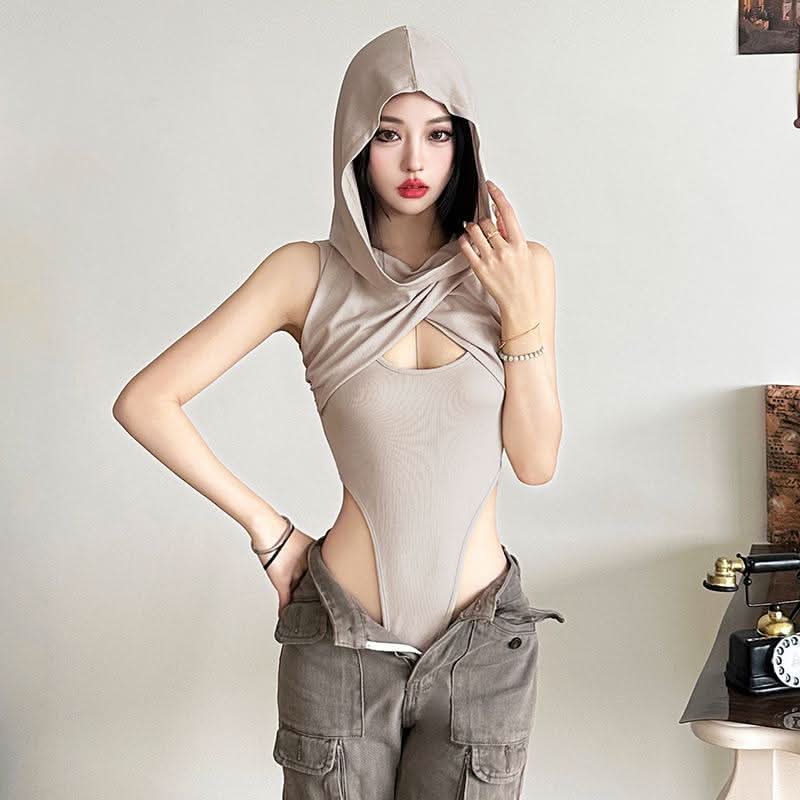 Hoodie sleeveless cross front hollow out bodysuit