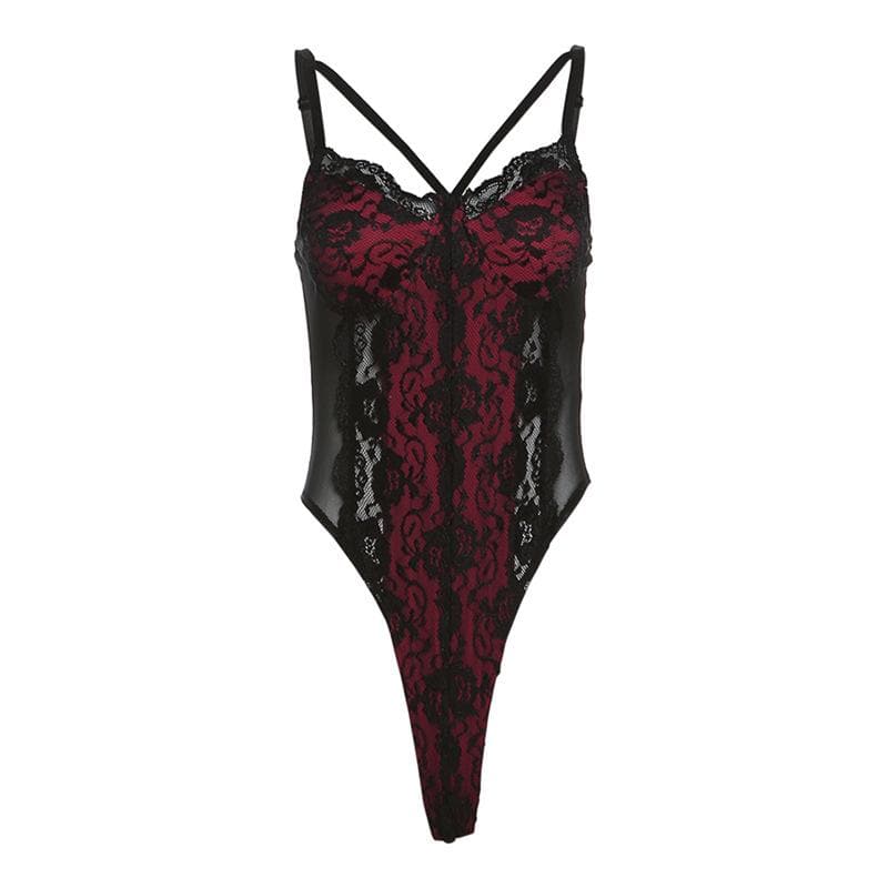 Patchwork v neck lace contrast bodysuit