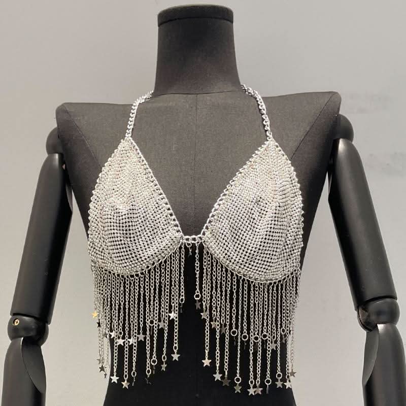 Metal chain halter beaded v neck tassels top