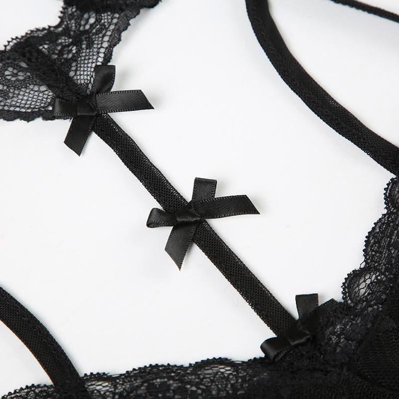 Halter lace bowknot mesh cami bodysuit
