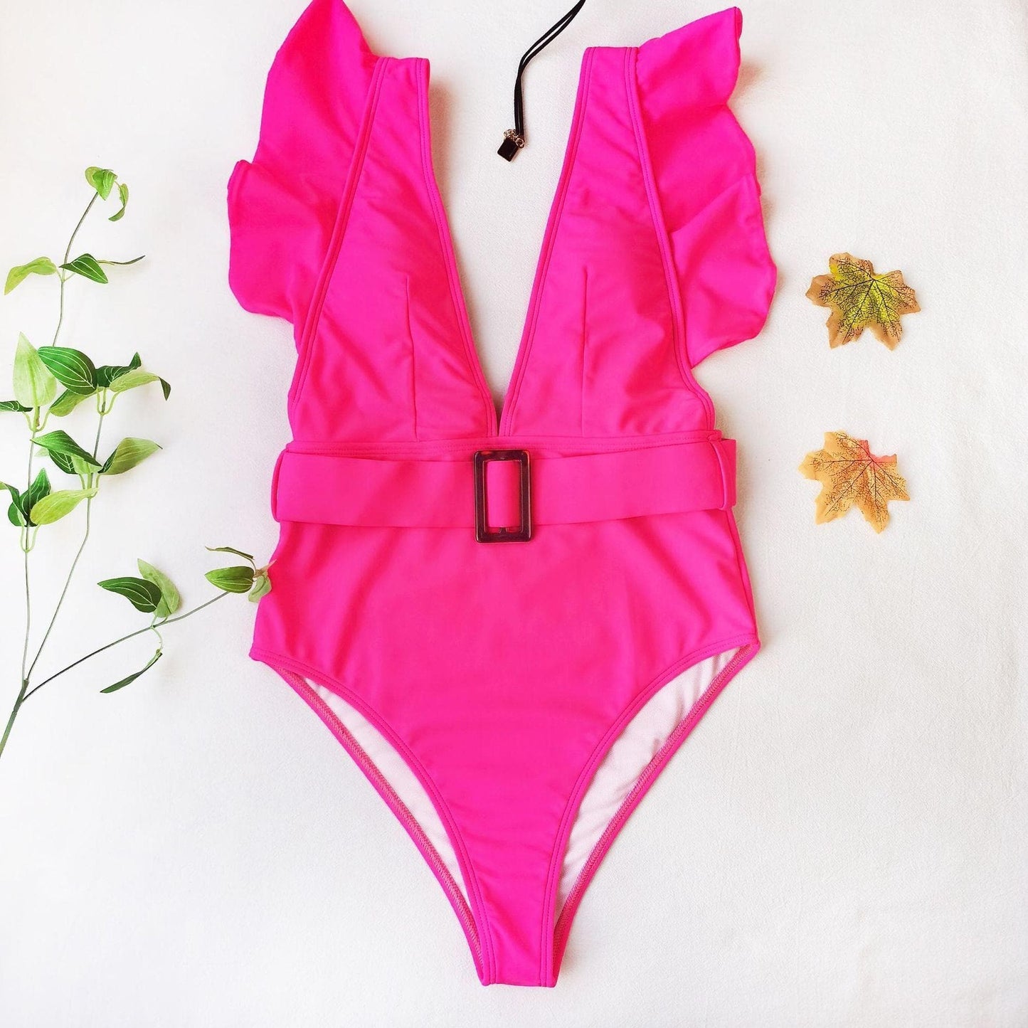 V neck ruffled one piece swimwear