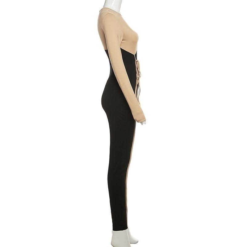 Long sleeve crewneck lace up zip-up stitch jumpsuit-final-sale
