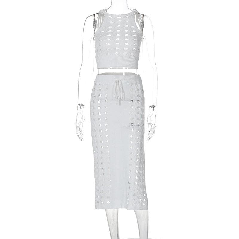 Knitted hollow out slit cami cut out midi skirt set