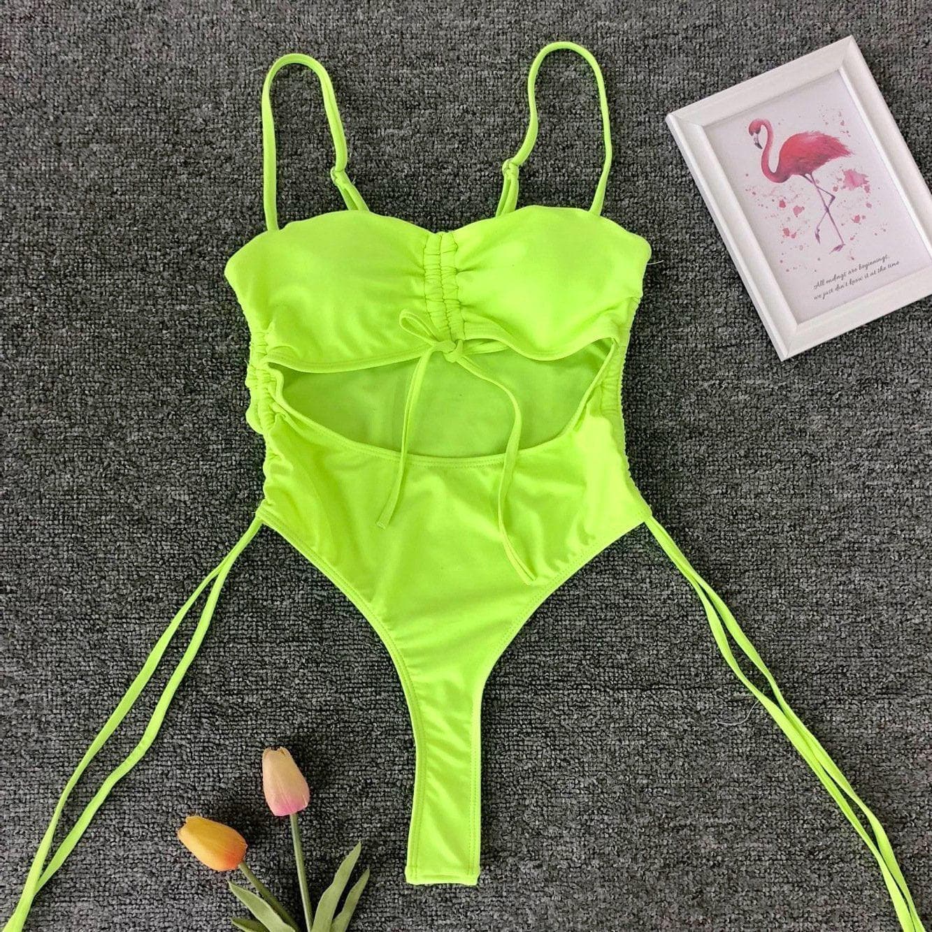 Hollow out drawstring one piece swimwear
