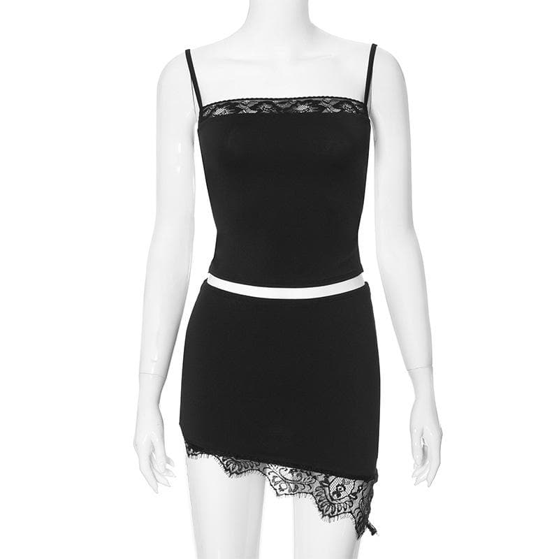 Lace hem backless irregular solid cami mini skirt set