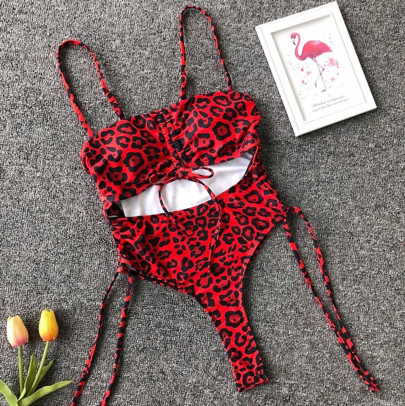 Hollow out drawstring one piece swimwear