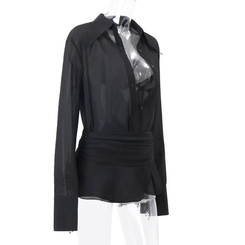 Button turnover collar long sleeve solid mini skirt set