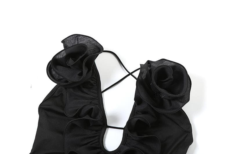 Flower applique ruffle lace up mesh cami jumpsuit