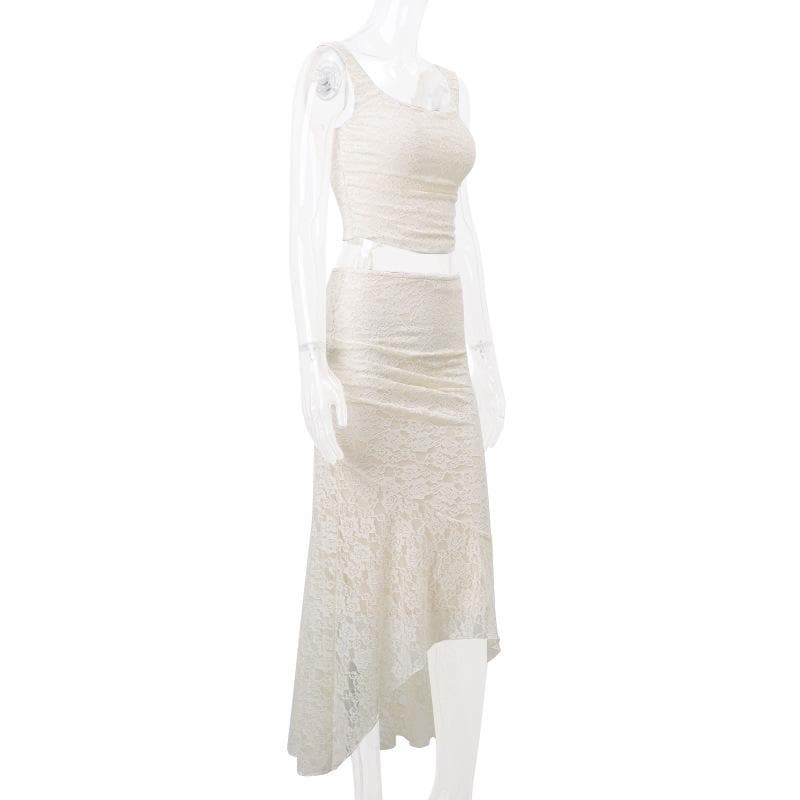 Sleeveless u neck backless lace up solid ruched midi skirt set