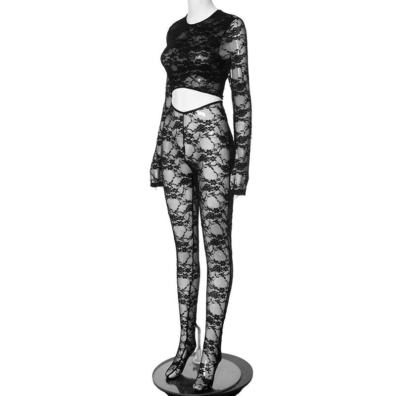 Long sleeve crewneck lace see through zip-up jumpsuit