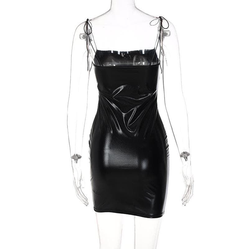 Metallic Tie Shoulder Square Neck Spaghetti Strap Bodycon Mini Dress