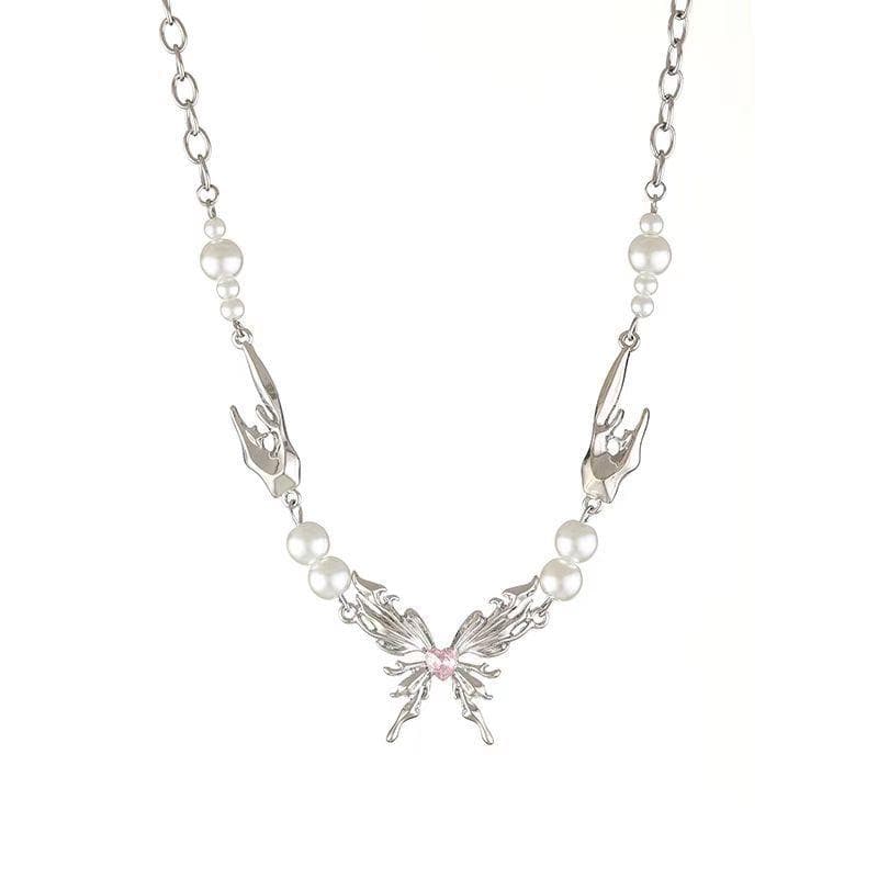 Butterfly adjustable faux pearl choker necklace