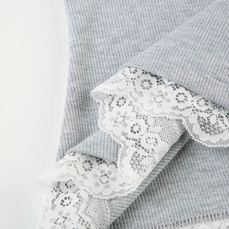 Turnover collar patchwork long sleeve lace hem knitted top