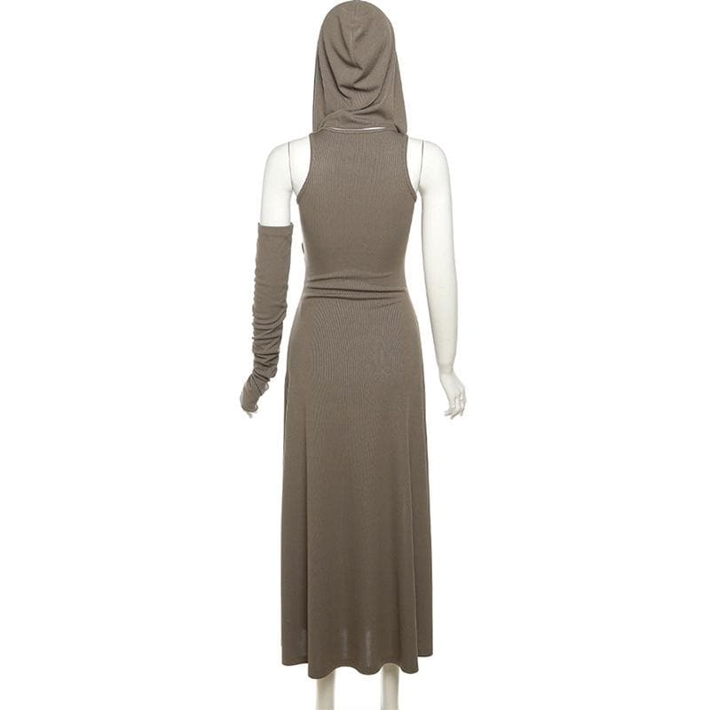 Hooded Ruched Diagonal Drape Detached Sleeve Slit Maxi Dress