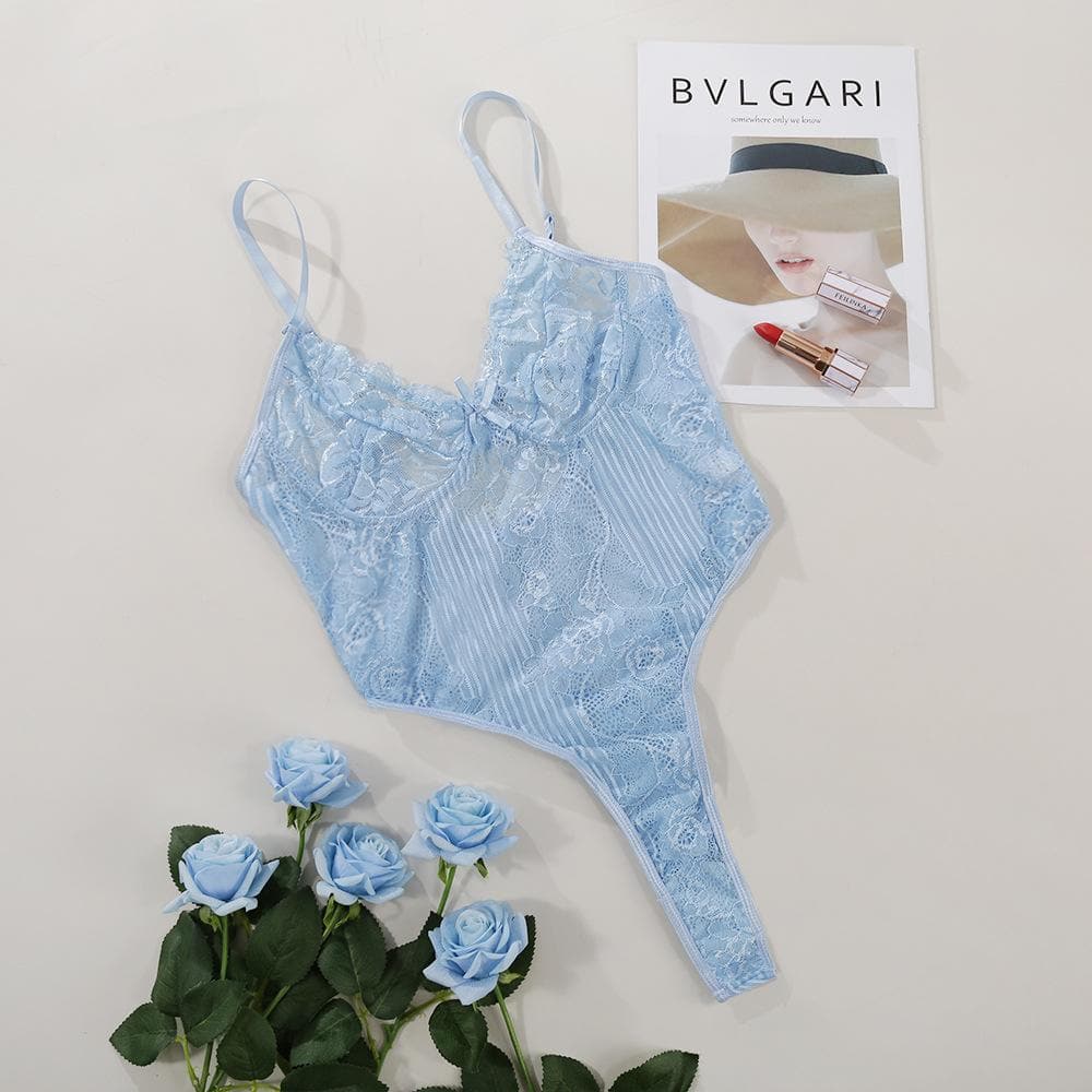 V neck lace bowknot adjustable bodysuit