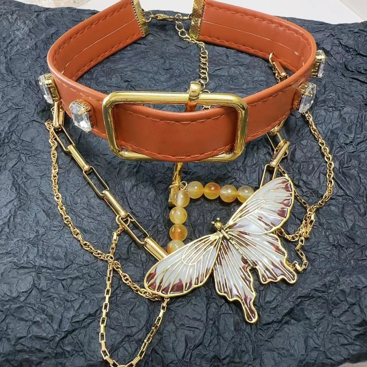 PU leather beaded adjustable layered choker necklace