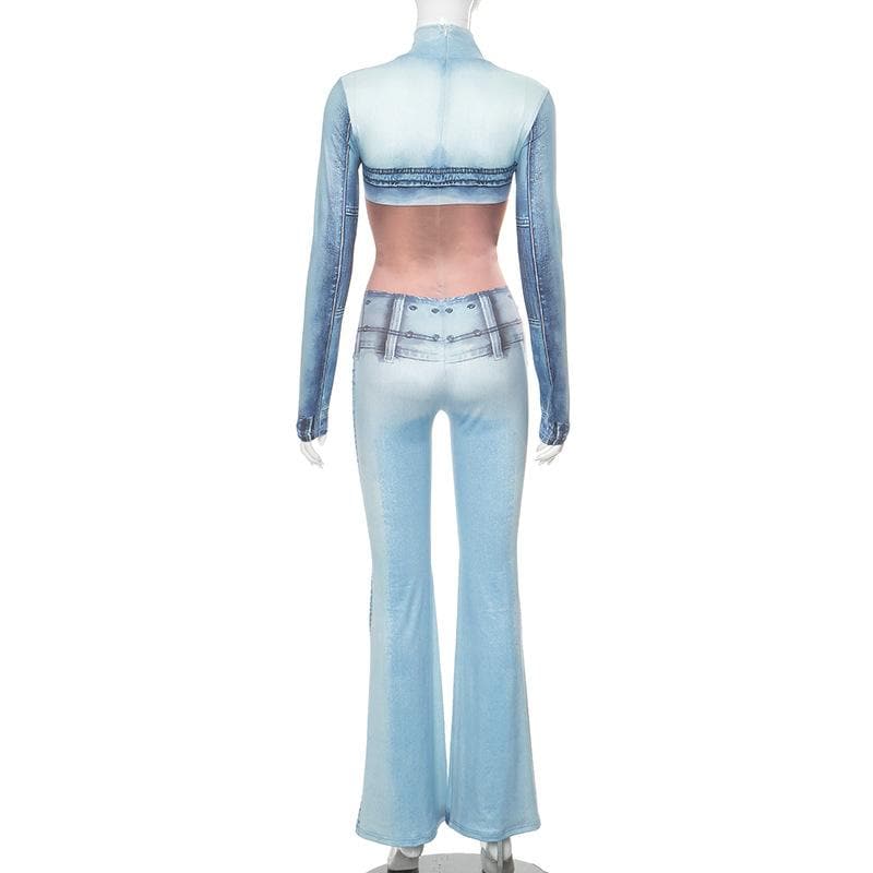 Long sleeve high neck body print zip-up contrast jumpsuit