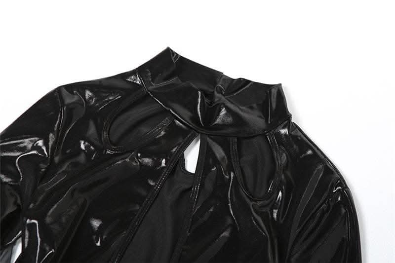 Long sleeve high neck PU leather hollow out mesh bodysuit-final-sale
