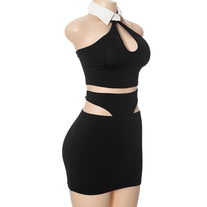 Halter turnover collar hollow out mini skirt set