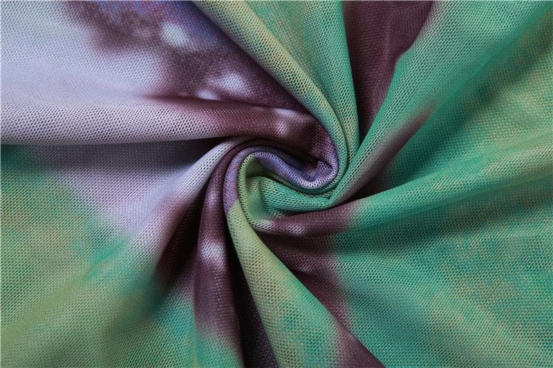 Halter self tie contrast print sheer mesh backless hollow out cut out maxi dress