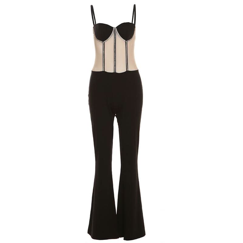 Beaded mesh patchwork cami jumpsuit-final-sale