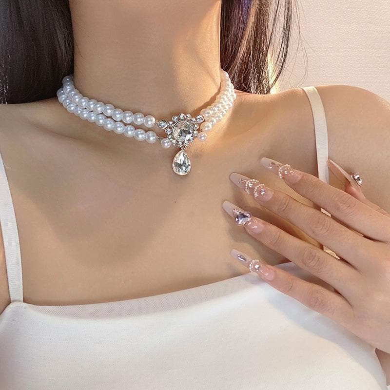 Layered rhinestone faux pearl choker necklace