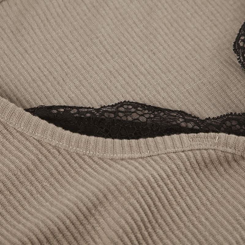 Long sleeve lace hem patchwork button top