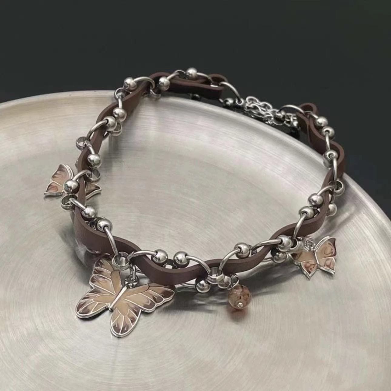 Butterfly pendant PU leather choker necklace