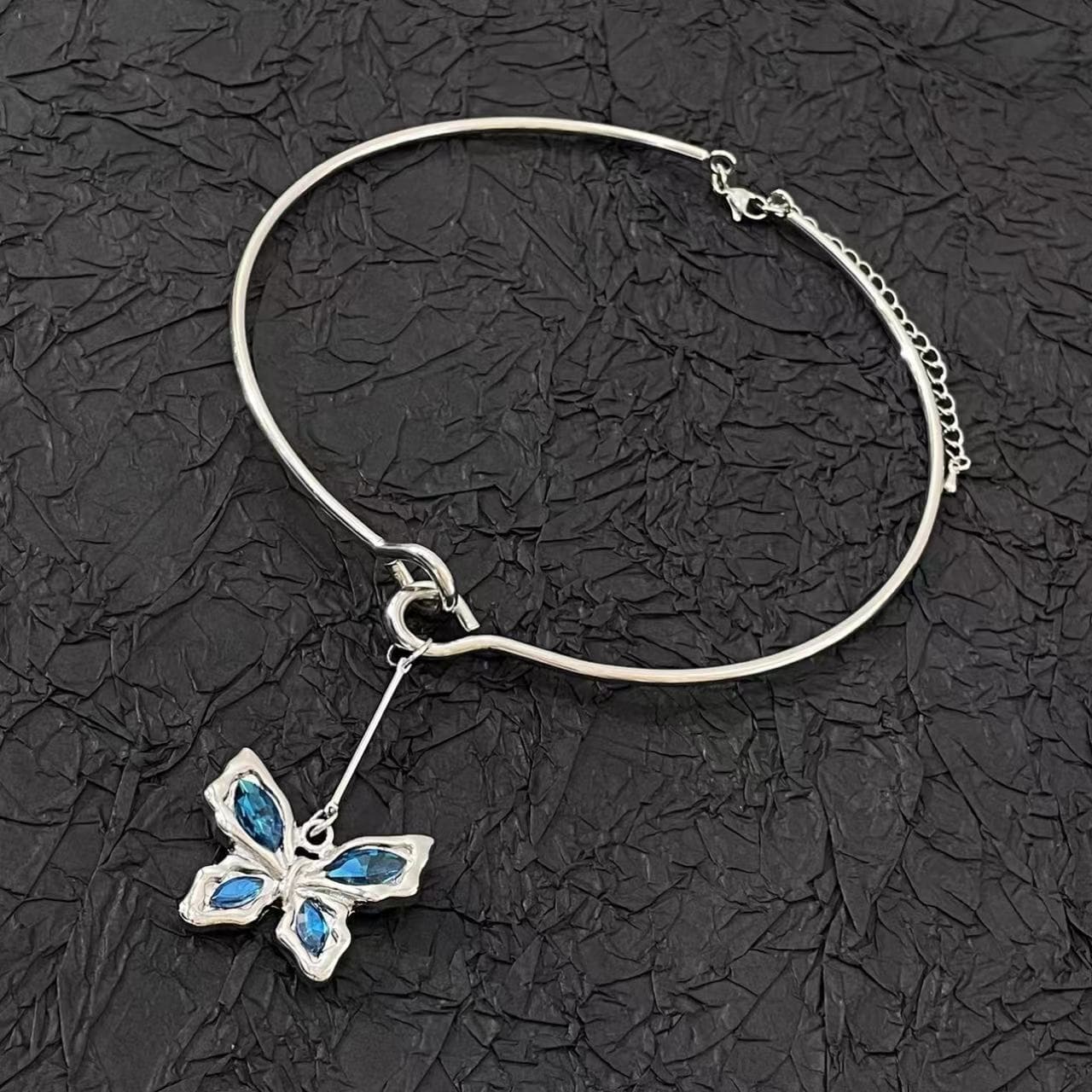 Butterfly pendant blue rhinestone choker necklace