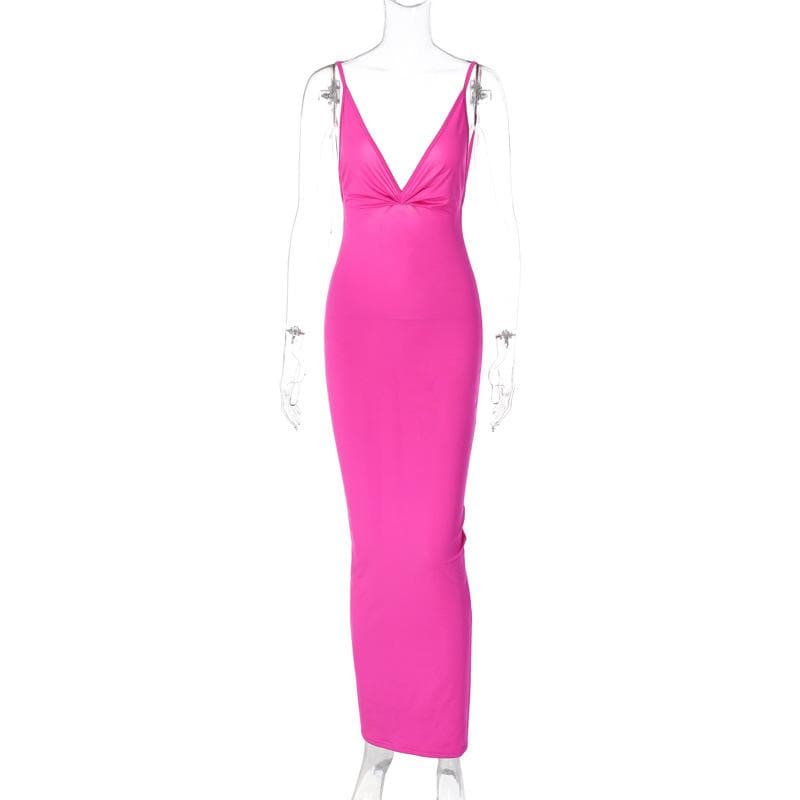 Ruched Back Deep V Backless Spaghetti Strap Maxi Dress