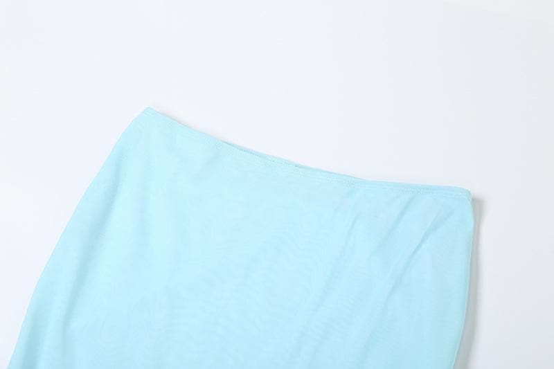 Flower applique ruffle ruched sheer mesh cami maxi skirt set