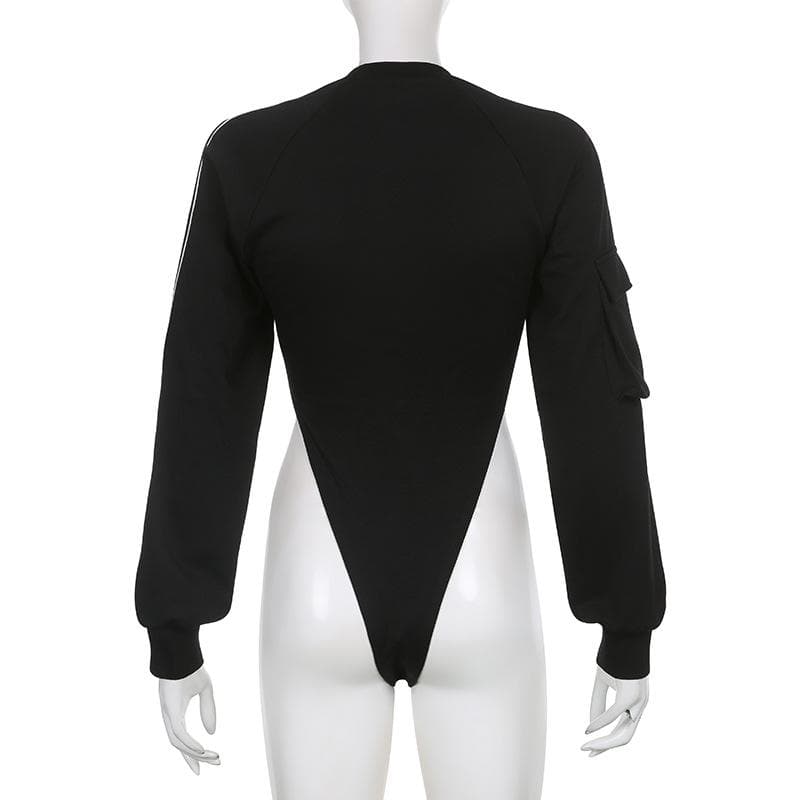 Pocket letter print long sleeve crewneck contrast bodysuit