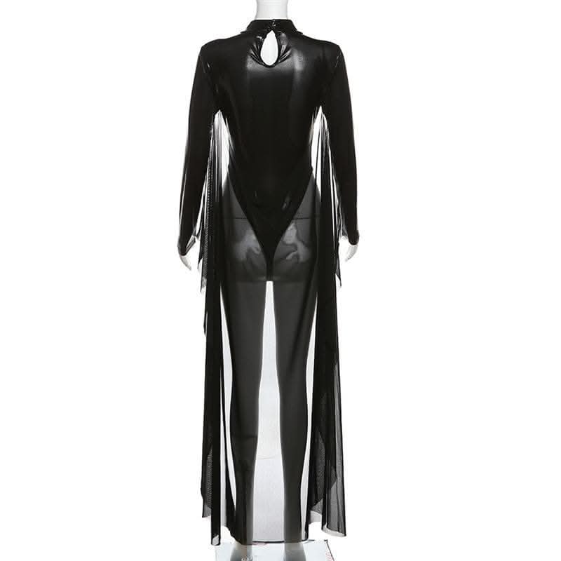 Long sleeve high neck PU leather hollow out mesh bodysuit-final-sale