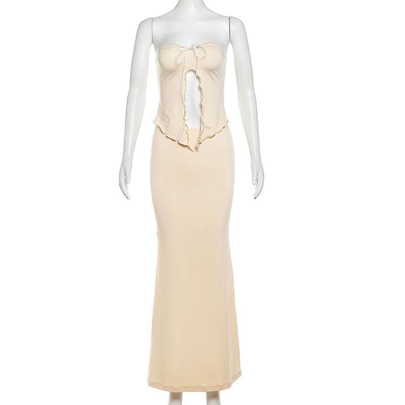 Ruffle slit self tie solid tube maxi skirt set