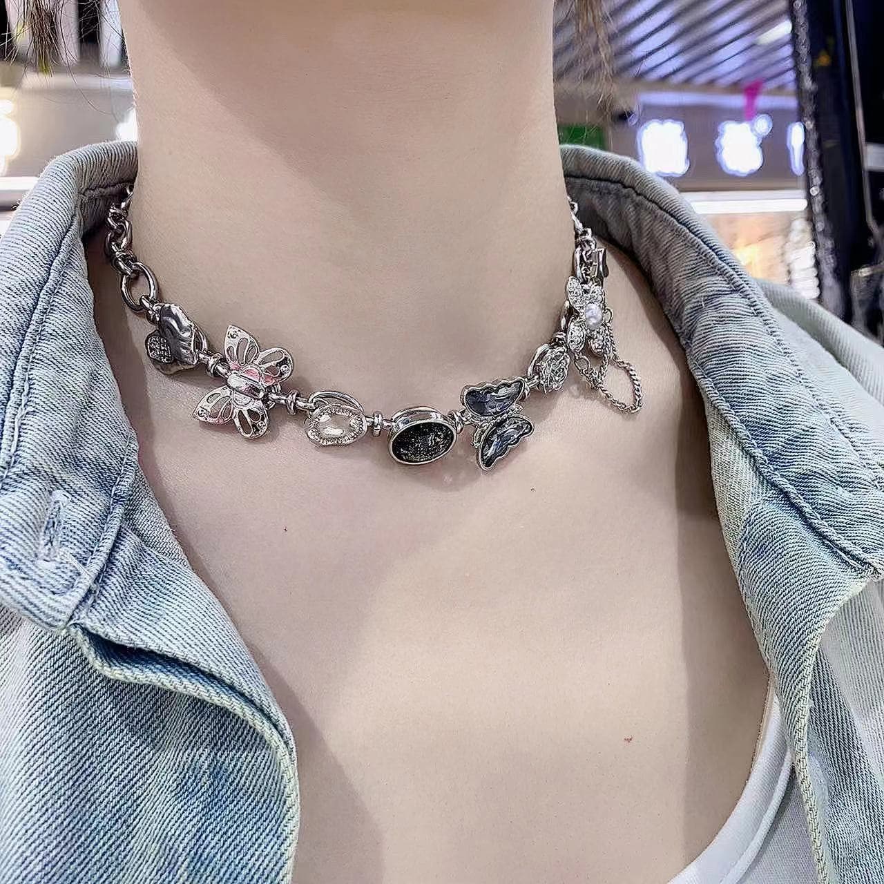 Butterfly rhinestone metal chain choker necklace