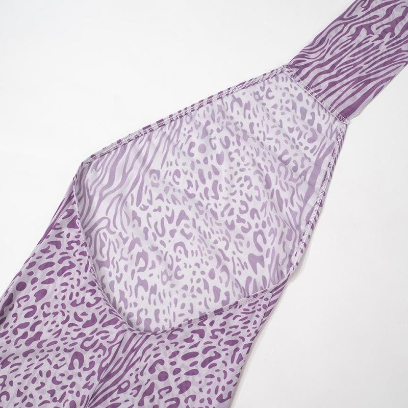 Halter leopard print sheer mesh backless maxi dress