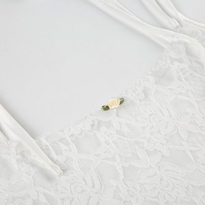 Lace u neck flower applique self tie cami mini dress